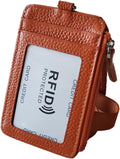 Aslana Genuine Leather ID Badge Card Holder with Lanyard, Mini Wallets, RFID Blocking Protection (A3- Tan)
