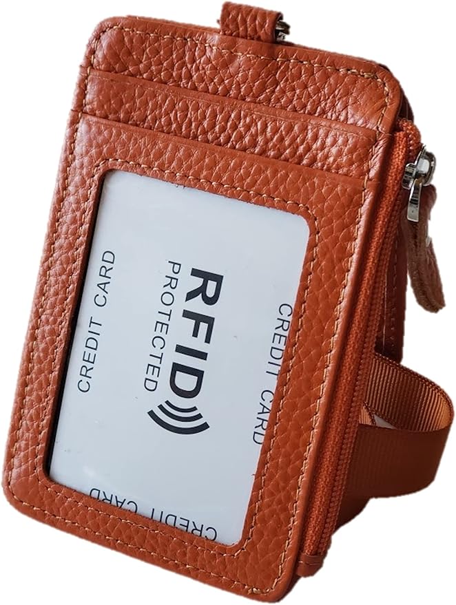 Aslana Genuine Leather ID Badge Card Holder with Lanyard, Mini Wallets, RFID Blocking Protection (A3- Tan)