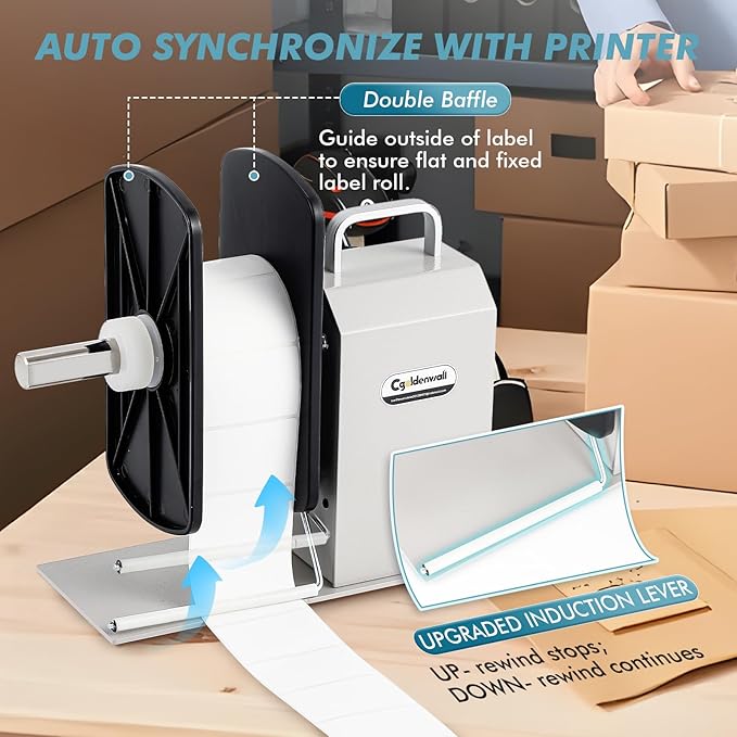CGOLDENWALL Automatic Label Rewinder, 9.8" Dia. Bidirectional Rewinding, 1/1.5/3" Core, Speed Ajustable, Thermal Label Hangtag Washing Label, Synchronize with Various Printers
