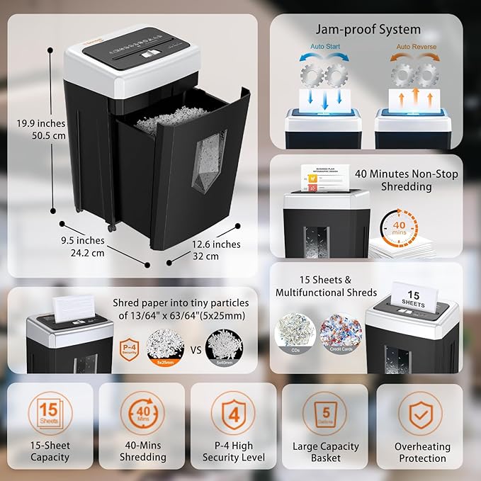 Bonsaii 15-Sheet Shredder, Office Use, 40-Minute Continuous Run Time, Heavy-Duty Cross-Cut Shredder with Jam Protection, P-4 Security Level, Destroys CDs, Credit Cards, 5-Gallon Pull-Out Waste Bin