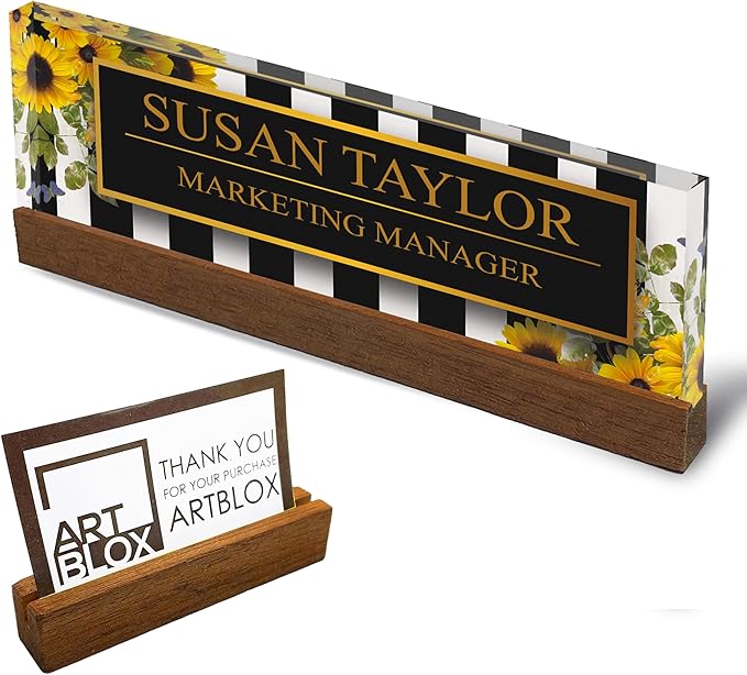 Artblox Office Personalized Name Plate for Desk with Business Card Holder On Clear Acrylic Glass Sunflower Flowers Design Custom Desk Name Plate with Your Name and Credentials Customized Gift