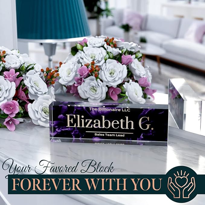 Desk Name Plate Personalized, Custom Name Plates 2½/x8 Inches, Thick Crystal-Clear Acrylic, Gift Box, Office Desk Decor. USA Made by ACRYLUXE (Blossom)