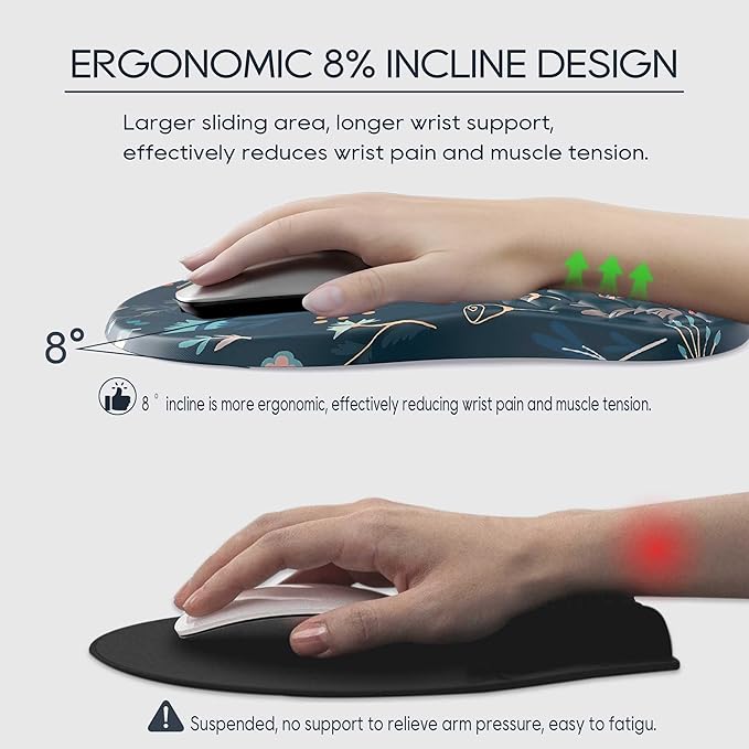 HunDun Ergonomic Mouse Pad Wrist Support, Wrist Rest Mousepad for Carpal Tunnel Pain Relief with Integrated Memory Foam Slope Massage Bulge， Mousepads for Wireless Mouse & Desk（Green Flower）