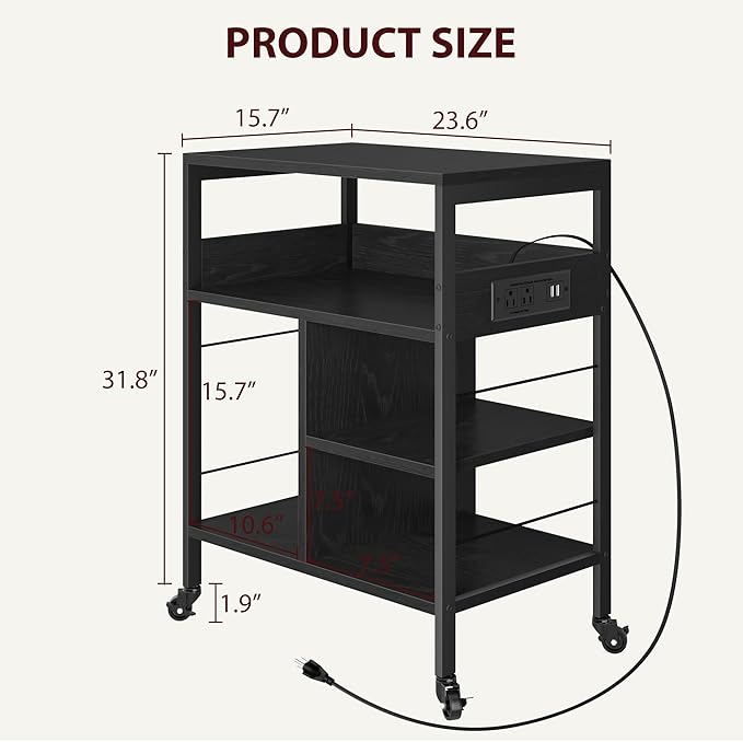 GarveeLife Printer Stand with Power Outlets, 4-Tier Rolling Printer Table with Lockable Wheels, Heavy Duty Printer Cart with Storage, Utility Storage Cart for Home, Office, Black