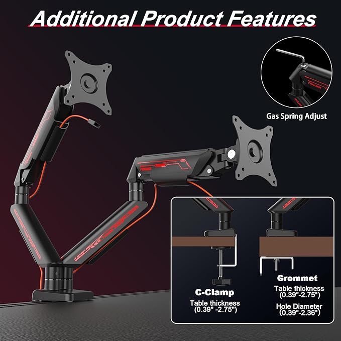 Dual Monitor Arm for 17-35" Screens up to 24.2 lbs, Ergonomic Gas Spring Monitor Stand with Height Adjust, Tilt, Swivel & Cable Management, VESA Desk Mount with 2 Types of Installation, Black