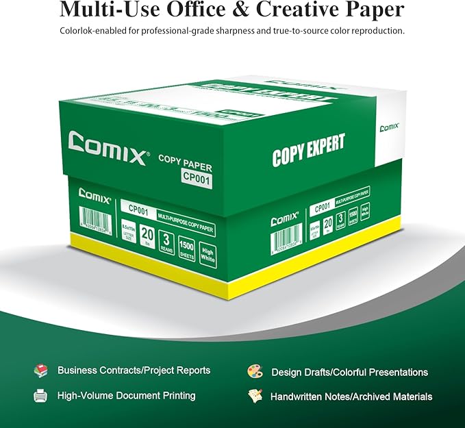COMIX Copy Paper 8.5"×11" Letter Size 20 Lb 92 Bright White, 3 Reams/1,500 Sheets Total – Printer Paper for Office, School, and Home, Made in USA