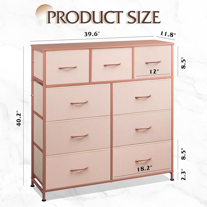 WLIVE 9-Drawer Dresser, Fabric Storage Tower for Bedroom, Hallway, Entryway, Closet, Tall Chest Organizer Unit with Fabric Bins, Steel Frame, Wood Top, Easy Pull Handle, Pink
