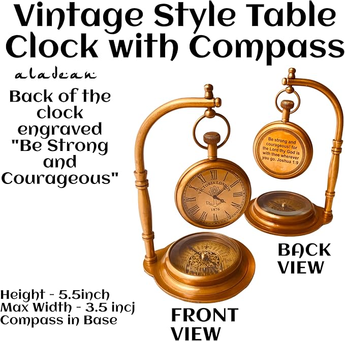 ALADEAN Inspirational Brass Table Clock with Compass | Religious Quote Engraved Desk Clock - Baptism Birthday Christmas (Be Strong & Courageous)