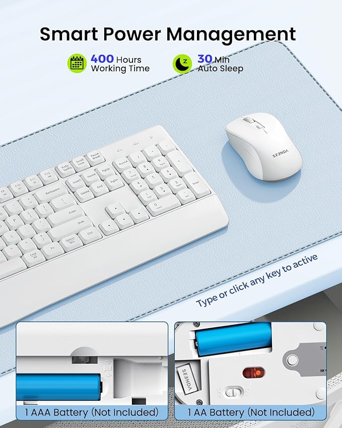 seenda Wireless Bluetooth Keyboard and Mouse Combo, COE200 Ergonomic Wireless Keyboard Mouse with Wrist Rest, Multi-Device Connection, Full-Size, Compatible for Computer/Laptop/Mac/MacBook, White
