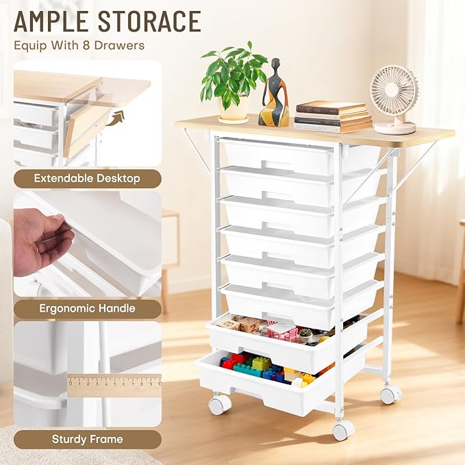 Rolling Storage Cart with Drawers,Craft Storage Cabinet with 8 Drawers and Wooden Tabletop,Utility Cart with Foldable dual side panels & Wheels for Classroom,Bedroom,Bathroom,Dorm,Office,Kitchen,White