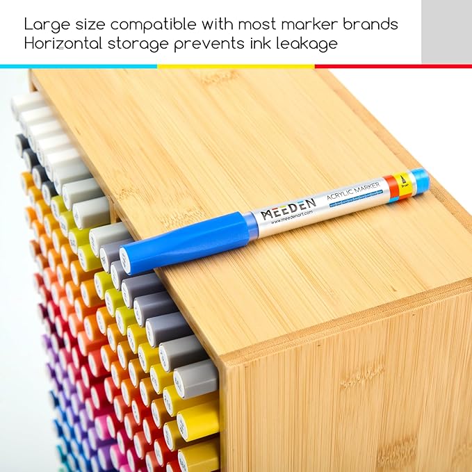 MEEDEN Bamboo Marker Organizer for Desk: Holds 224 Pens with 32 Compartments- Art Supply Storage & Holder for Alcohol Markers，Pens，Pencils