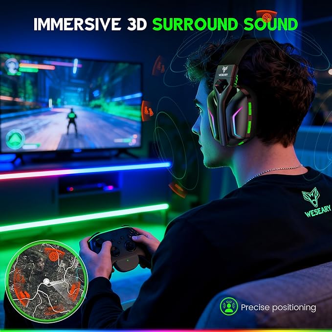 WESEARY Wireless Gaming Headset for Xbox Series X|S, Xbox One, PS5, PS4, PC, Mac, Switch, 2.4GHz + Bluetooth Over-Ear Gaming Headphones with ENC Mic, 3D Stereo, Dynamic LED Lights, 50mm Drivers, 50H