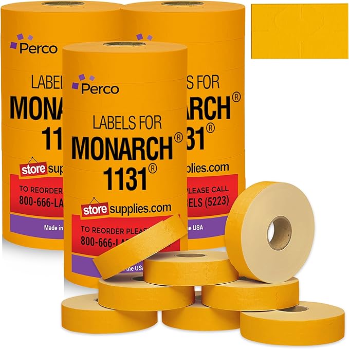 Perco Fluorescent Orange Pricing Labels for Monarch 1131 Price Gun – 3 Sleeves, 24 Rolls Value Pack - 60,000 Price Marking Labels – with Ink Rolls Included
