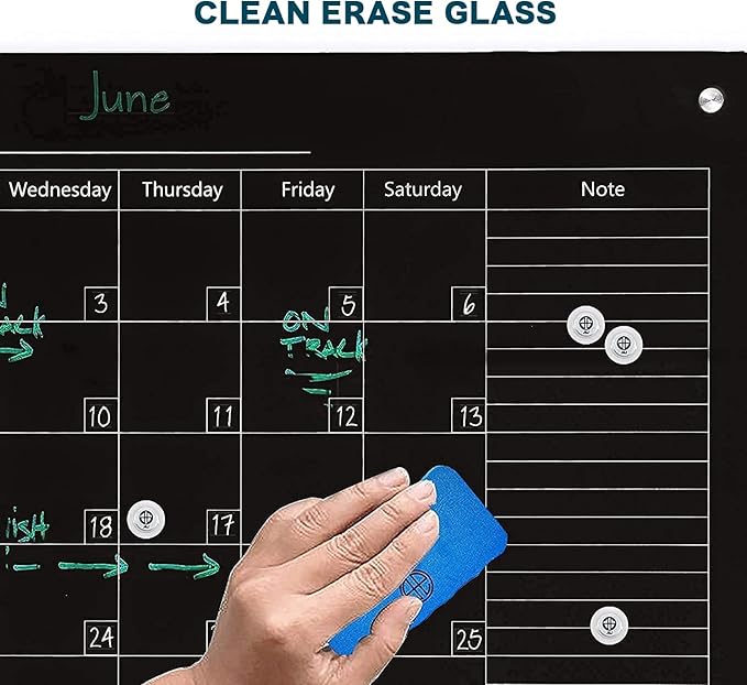 J&J worldwide Magnetic Whiteboard Calendar, 3' x 2' Blsck Glass Wall Calendar Dry Erase Board Monthly Planner for Home, School, Office, Frameless, with Markers, Marker Tray, Eraser, Magnets