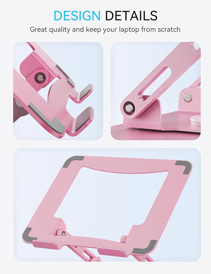 SOUNDANCE Laptop Stand with 360° Rotating Base, Ergonomic Computer Riser for Desk, Adjutable Height Muti-Angle, Foldable Laptop Mount, Stable Metal Holder Support 10-15.6" Notebook PC, Pink
