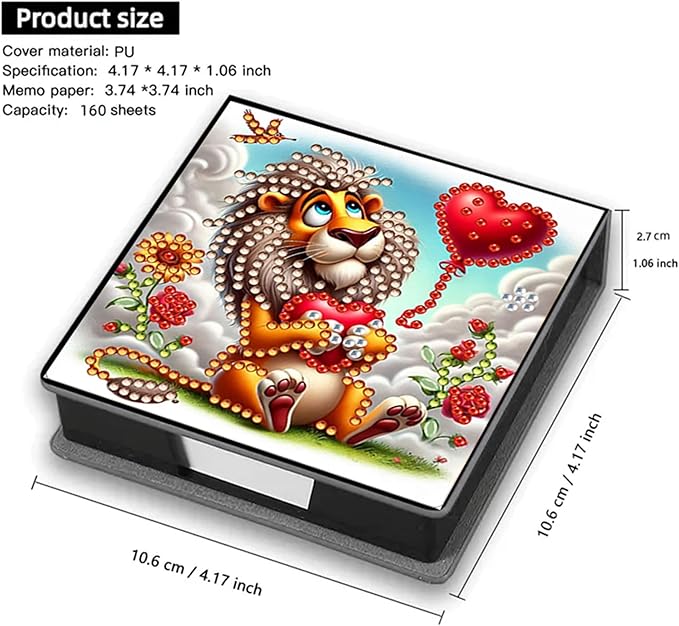 Lion Diamond Painting Note Box Memo Pad Holder,Animal Diamond Art Sticky Notes Organizer for Desk, Aesthetic Stationery Storage Case for Office,School Supplies (Lion)