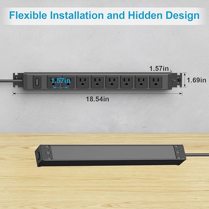 HHSOET 2 Pack Metal 360° Rotating Mountable Power Strip, 8 Outlet Gaming Table Mounted Outlet Strip, Heavy Duty Wall Mount Surge Protector with Switch, 15A 125V 1875W, 10ft Power Cord.(Black)