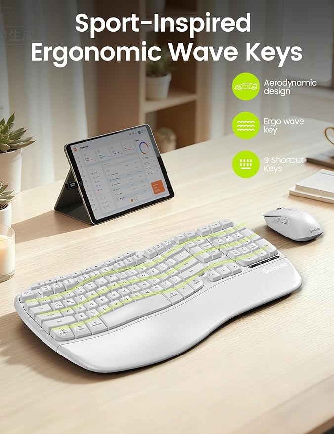 White Ergonomic Wireless Keyboard and Mouse Combo, 2.4G Full Size Ergo Wave Key Board with Cushioned Plam Rest, Natural Typing, 3 DPI Adjustable Silent Mouse for Computer/Laptop/Windows/Mac - Sablute