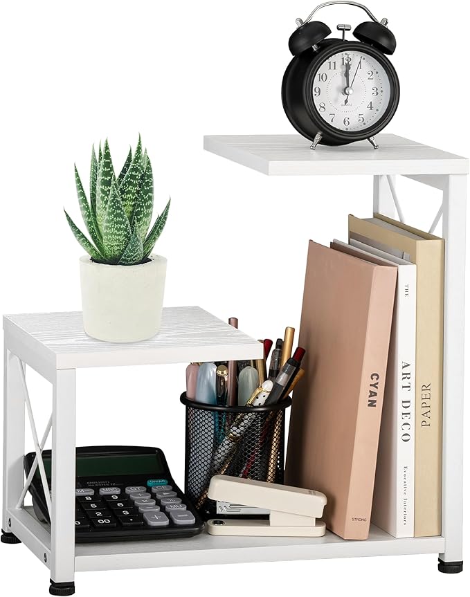 Desk Shelf Organizer, 3 Tier Storage Shelf Riser Display Stand, Wood Desktop Organizer Small Bookshelf, Desktop Shelf for Office Decor and Desk Accessories, White