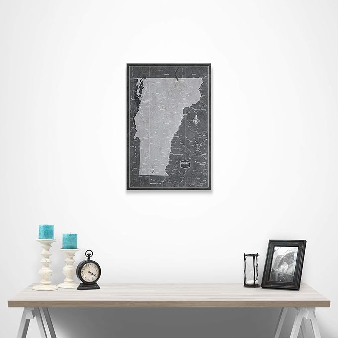 Conquest Maps Push Pin Vermont Map Board - With Push Pins to Mark Vermont Travels - Handmade in Ohio, USA - Design: Modern Slate