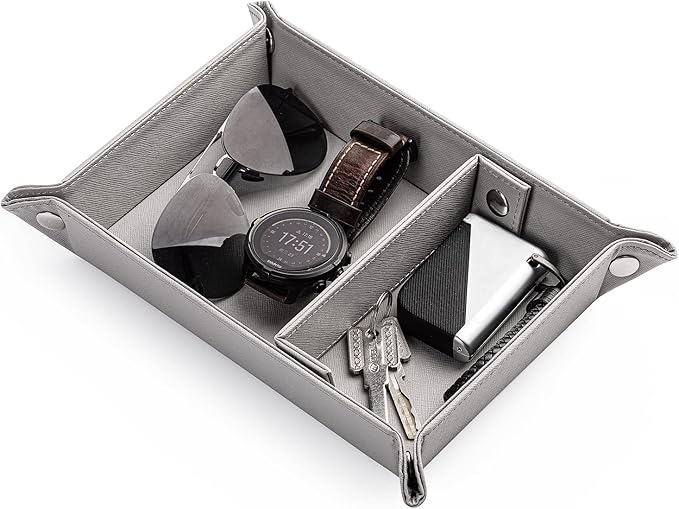 BONNY DODO Valet Tray for Men PU Leather Tray Organizer with Partition, Storage Keys, Watch & Practical Storage for Table Nightstand Living Room Bedroom (Gray)