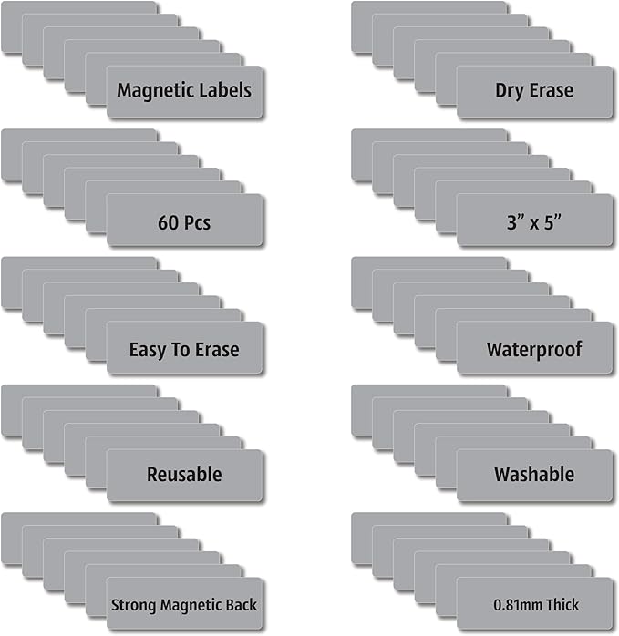 Magnetic Dry Erase Magnets Labels 3x1 inches, Reusable Name Tags, Organizing Schedules in Office/Classroom. Work on Fridge/White Board (Grey 60Pcs)