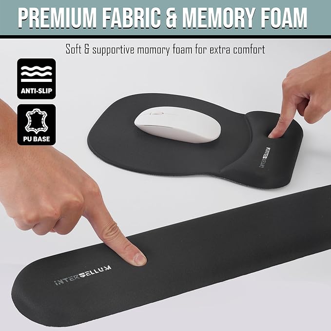 Gel Wrist Rest Mouse Pad Set, Ergonomic Office Mousepad with Memory Foam Wrist Support, Gel Mouse Pad with Wrist Support Keyboard Rest, Non-Slip Desk Accessory for Office, Home & Gaming (Black)