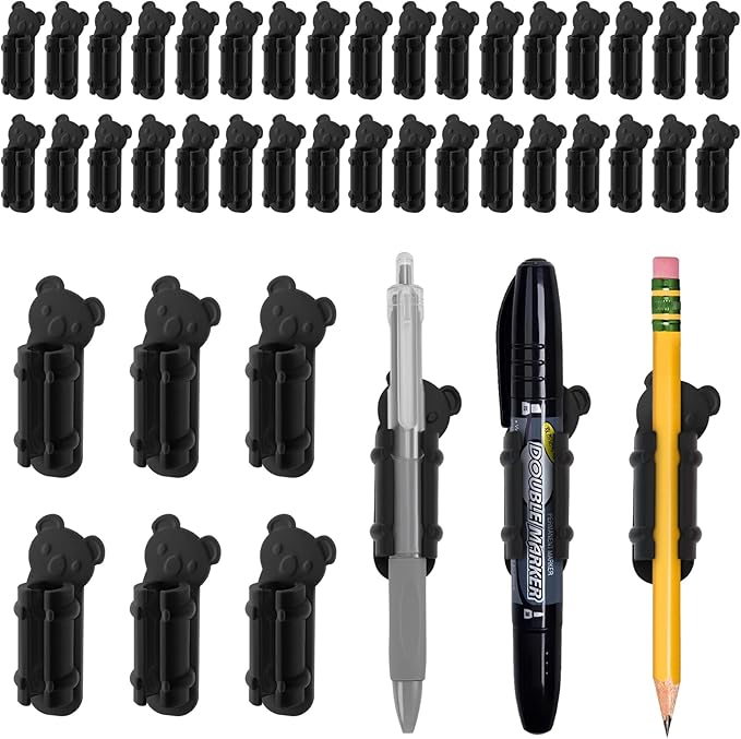 40 Pack Adhesive Pen Holder Clips, Silicone Pencil Holders for Desk, Wall, Whiteboard & Office Organization, Fits Markers, Pens, Pencils (40 Count, Black)