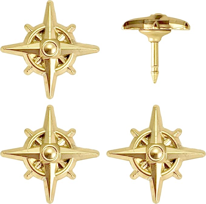 Compass Push Pins - Gold Metal Compass Rose Pins - for Cork Board, Maps, or Lapel Pin Use - Designed in USA - Set of 4