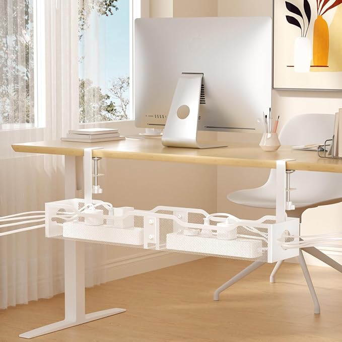 Under Desk Cable Management Tray 25.12", Extra Large Cable Management No Drill, Extended Cord Organizer with Adjustable Clamps, White