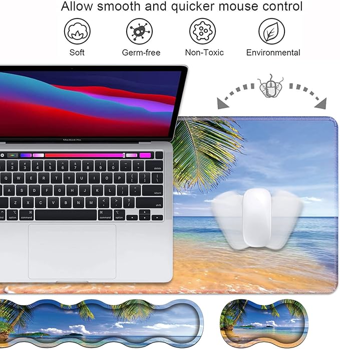 Ergonomic Keyboard Wrist Rest & Mouse Pad Wrist Rest Set, Large XXL Gaming Desk Mat 31.5"x 11.8", Non-Slip Base, Memory Foam, Easy Typing Pain Relief for Office & Home, Shore Palms Tropical Beach