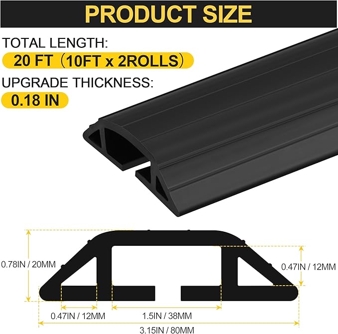 MYFAMIREA 20FT Floor Cord Cover Heavy Duty Cable Cover Protector 3 Channels Extension PVC Floor Wire Cover Outdoor Cord Hider Management Cord Cover for Wire on Floor Home Outdoor (2PCS 10FT, Black)