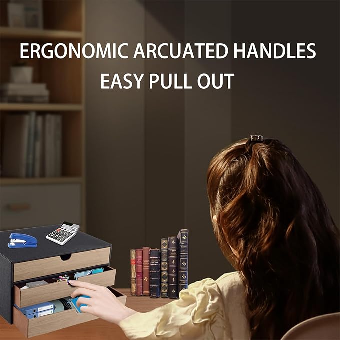 PU Leather Desk Organizer with 3 Drawers,Executive Office Supplies Desktop Filing A4 File Cabinet/Holder for Jewelry/Bill/Paper/Documents/Makeup Home Decor Stationery Storage Box,Black