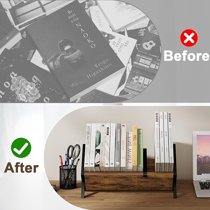 YINMIT Wood Desktop Bookshelf, Retro Tabletop Bookshelf, Desk Shelf for Top of Desk in Living Room, Home, Office, Tilting Bookcase for CDs, Magazine, Books, Home Decor