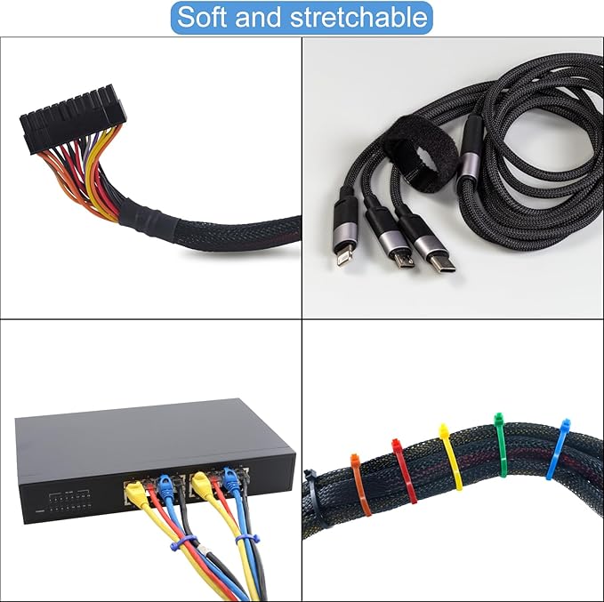 100ft PET Expandable Wire Loom 3/8 Inch, PET Braided Wire Sleeving Cable Management Sleeve Tubing [for Audio Video Home Office Cord Protector]-Black Blue