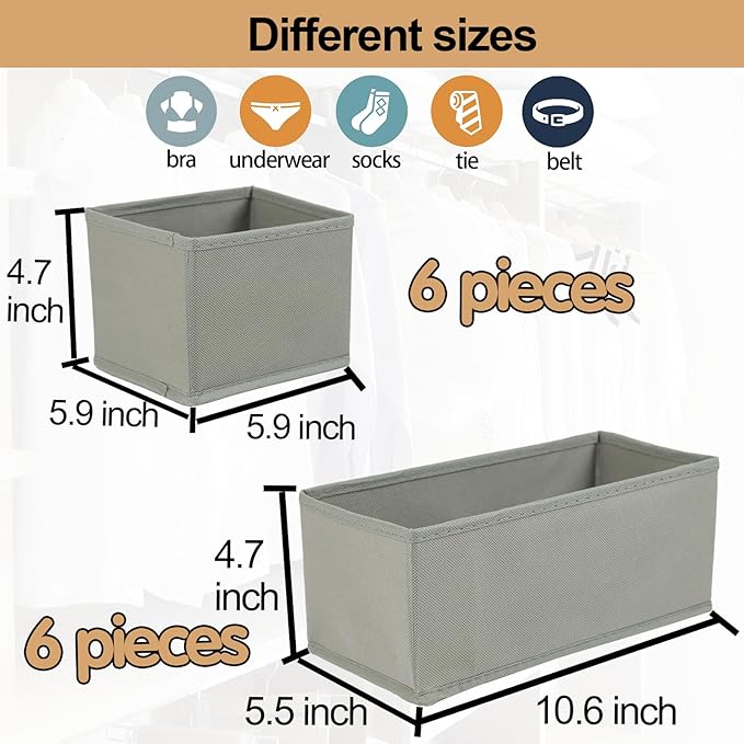 Drawer Organizer Clothes, Foldable Fabric Dresser Organizer Closet Organizers and Storage Box for Underwear,Folded Clothes,Baby Clothing,Socks,Bra,Towels,Ties(6M+6S,Gray)