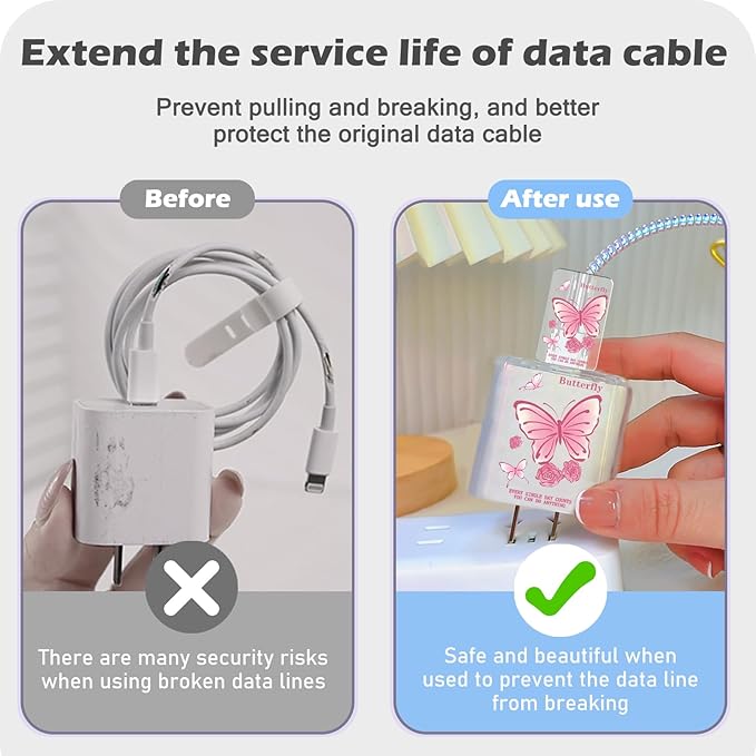 Lovely DIY Cable Protector for iPhone 18W/20W Adapter Charger, Cute Pink Butterfly Design Transparent Data Line Cable Saver Phone Charging Protector for Apple Charger Case