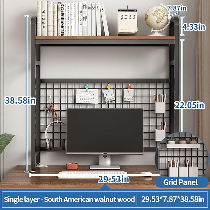 Desk Shelf Bookcase 1-Tier Metal Desktop Bookshelf Hutch with Grid Panel and DIY design possible Multipurpose Storage Organizer Display Rack for Dorm Office Home Computer Desk(Black 29.5"×7.9"×38.6")