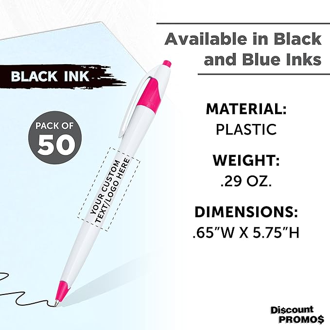 DISCOUNT PROMOS Custom Slim Curvy Ballpoint Pens Set of 50, Personalized Bulk Pack - Black Ink, Retractable, Great for Office, School, Tradeshows - Pink