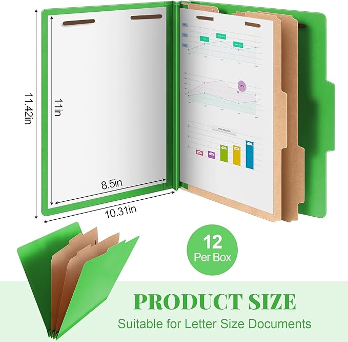 Skyygemm 12 Pcs Classification Folders Letter Size Bulk - 2 Dividers Pressboard File Folder with 3. 5 Inch Expansion, 2 Prongs Fastener, Heavy Duty Office File Organizer for Teacher Medical (Green)