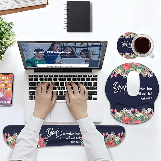 Keyboard Wrist Rest and Mouse Pad Wrist Rest Support Set, Non-Slip PU Base for Gaming and Office, Comfortable & Lightweight for Easy Typing & Pain Relief, Floral Quote Bible Verses Psalm 46:5