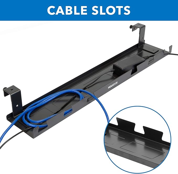 MOUNT-IT! Under Desk Cable Tray [23" Length] Wire Management Basket for Desktop Computers, Laptops, Sit Stand Desks and Workstations (Black)