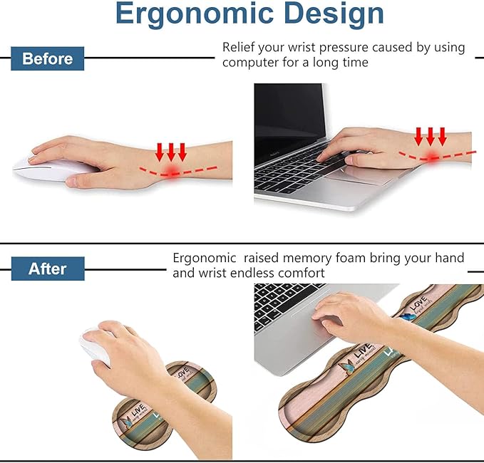 Ergonomic Keyboard Wrist Rest & Mouse Pad Wrist Rest Set, Large XXL Gaming Desk Mat 31.5"x 11.8" with Memory Foam, Easy Typing Pain Relief for Office & Home, Vintage Wood Board Live Laugh Love
