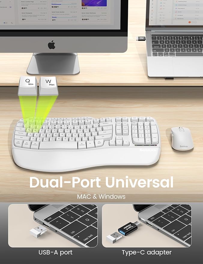 White Ergonomic Wireless Keyboard and Mouse Combo, 2.4G Full Size Ergo Wave Key Board with Cushioned Plam Rest, Natural Typing, 3 DPI Adjustable Silent Mouse for Computer/Laptop/Windows/Mac - Sablute