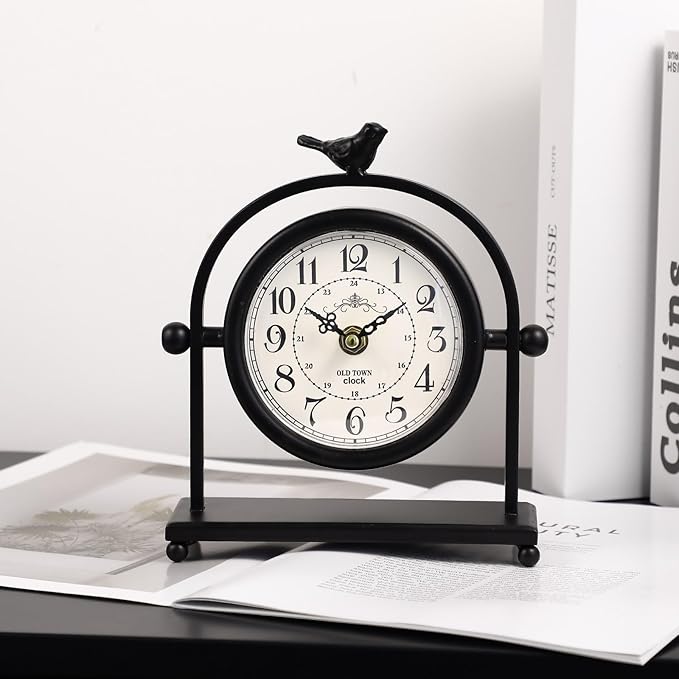 MODE HOME Silent Battery Operated Black Metal Analog Desk Clock with Bird, Small Table Clock for Farmhouse Decor, Mantel Shelf, Home and Living Room