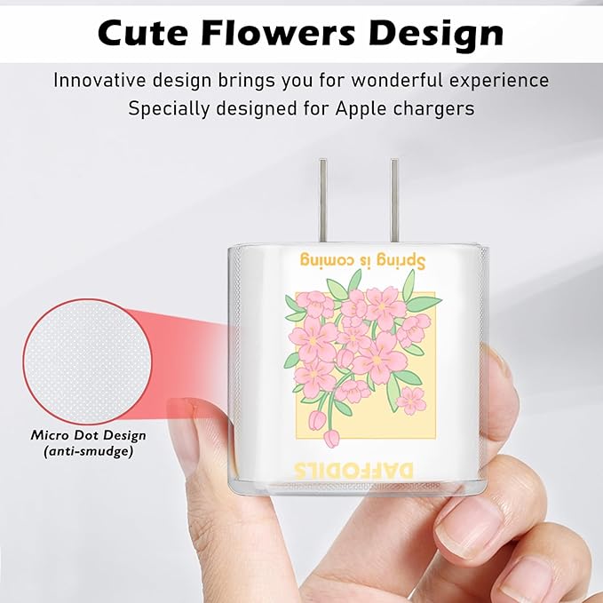 Flowers DIY Cable Protector for iPhone Adapter Charger,Cute Peach Blossom Design Transparent Data Line Cable Case, Phone Charging Protector for Apple Charger Cover