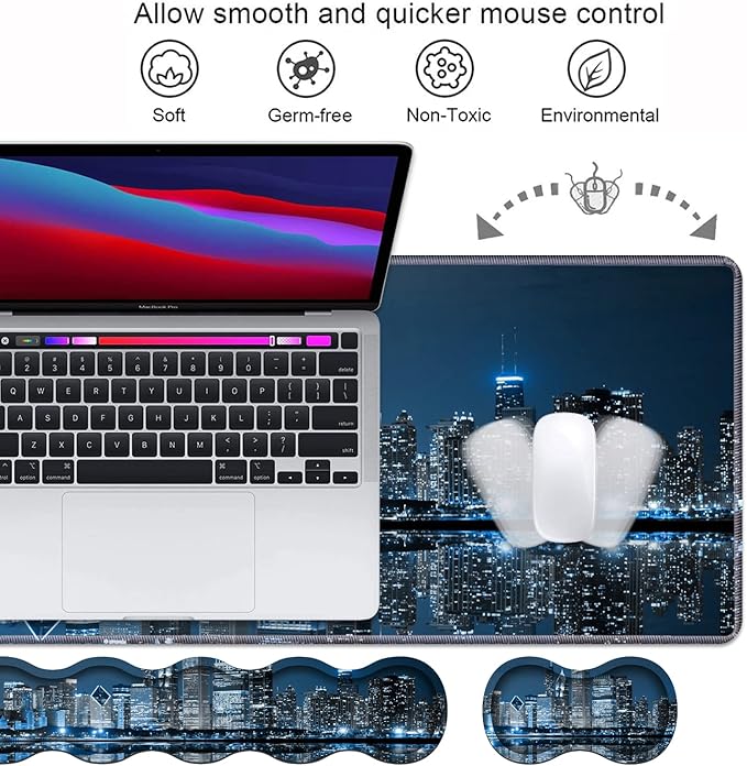 Ergonomic Keyboard Wrist Rest & Mouse Pad Wrist Rest Set, Large XXL Gaming Desk Mat 31.5"x 11.8", Non-Slip Base, Memory Foam, Easy Typing Pain Relief for Office & Home, Chicago Skyline Night View