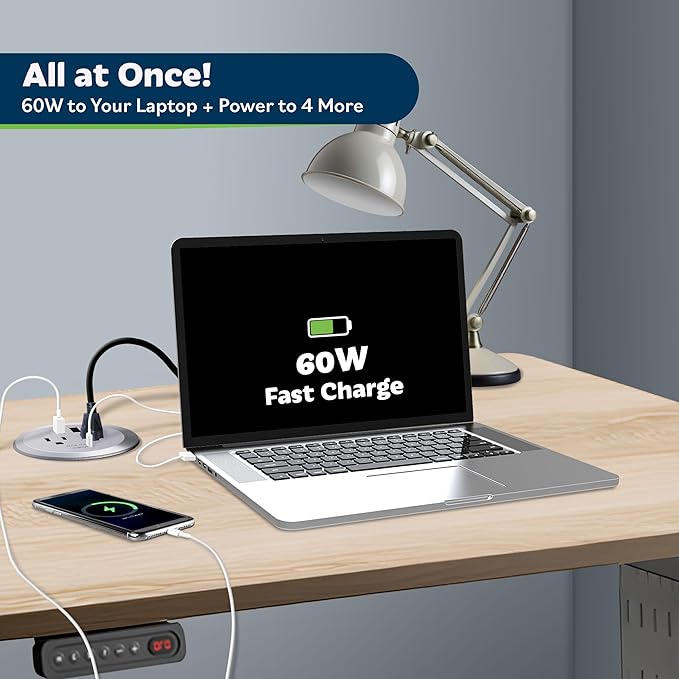 TOPGREENER Desktop Power Grommet with 65W PD for MacBook, GaN Desk Grommet with 1 Fast Charging USB-C Port, 2 USB-A Ports and Duplex Receptacles, TTRP48APD60-SV, Silver