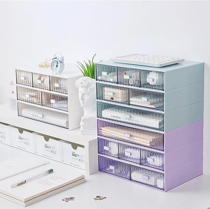 Stackable Office Supplies Desk Drawer Organizer, Plastic Storage Drawer, Desk Grocery Organizer For Stationery/Office Supplies (Yellow, 3 Compartment)