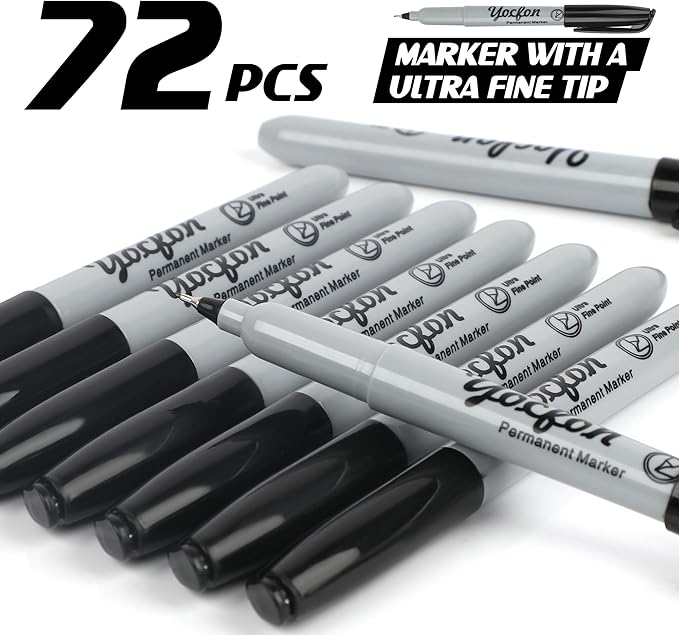Yocfon Permanent Markers Ultra Fine Tip, Bulk Pack Of 72 Count Black Permanent Marker Set, Quick-Drying Ink, Works On Plastic, Wood, Stone, Metal And Glass